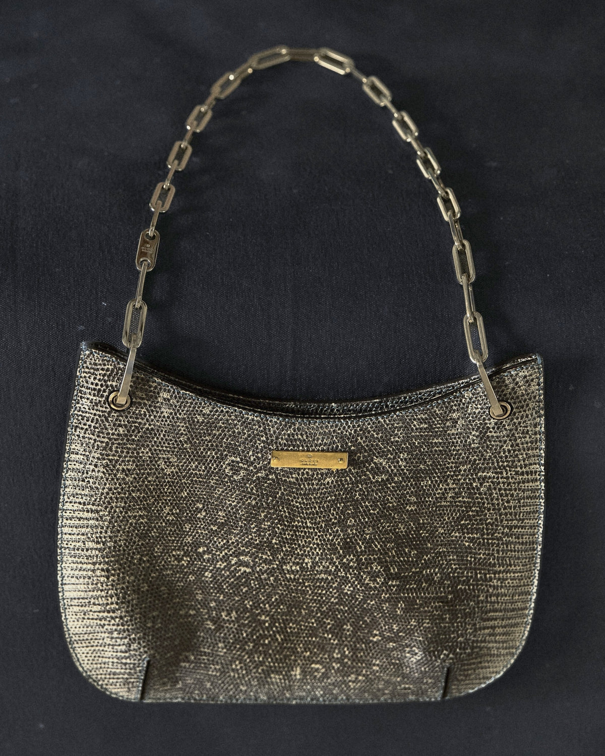 Gucci chain shoulder bag, metallic lizard-textured leather – front view
